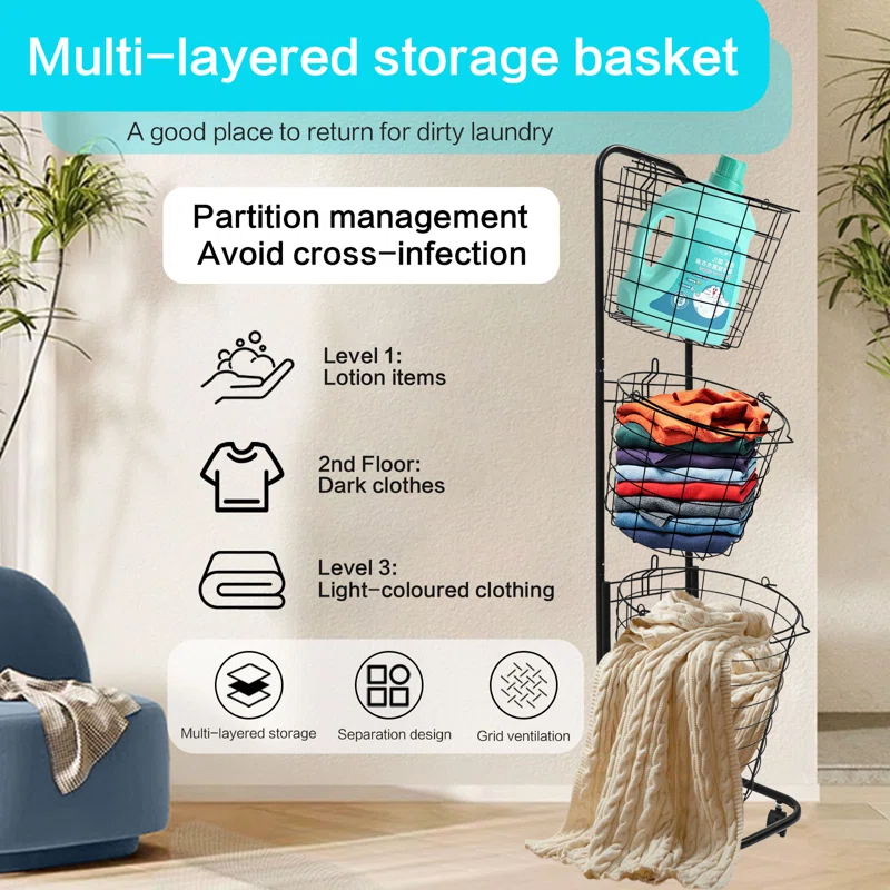 Rebrilliant 3-Tier Rolling Laundry Sorter Cart with Removable Metal Wire Baskets