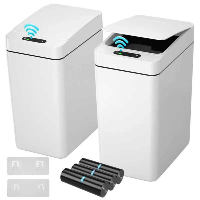 FEIYAN Automatic Bathroom Trash Can 2.6 Gallon Touchless Garbage Cans With Lid 2 Pack Small Slim Motion Sensor Smart Trash Bin For Bedroom, Bathroom, Office, Kitchen, Living Room, White | Wayfair