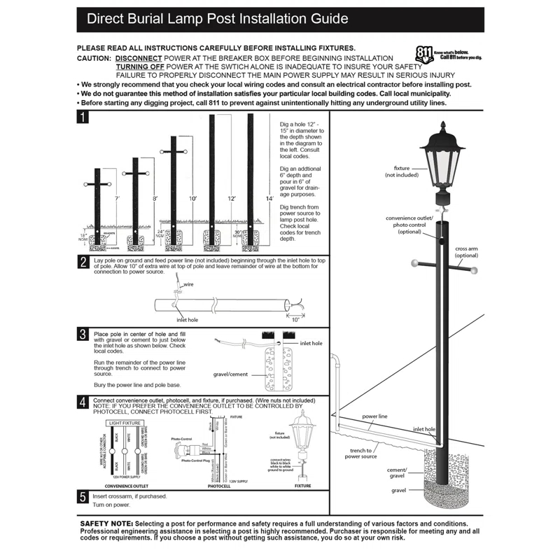 Solus 8-320NCA Direct Burial Lamp Post with Dusk To Dawn Photo Sensor, Fits 3" Post Top Fixtures, Includes Inlet Hole