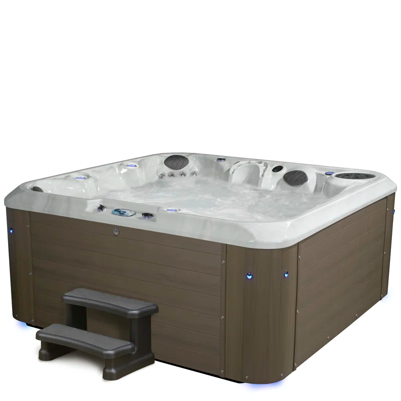 Amplified 6-Person 100-Jet Double-Lounger Hot Tub Spa with Bluetooth Stereo, 3 Pumps, LED Lighting, Stainless Steel Heater and Ozonator, Insulated Cover and Steps Included