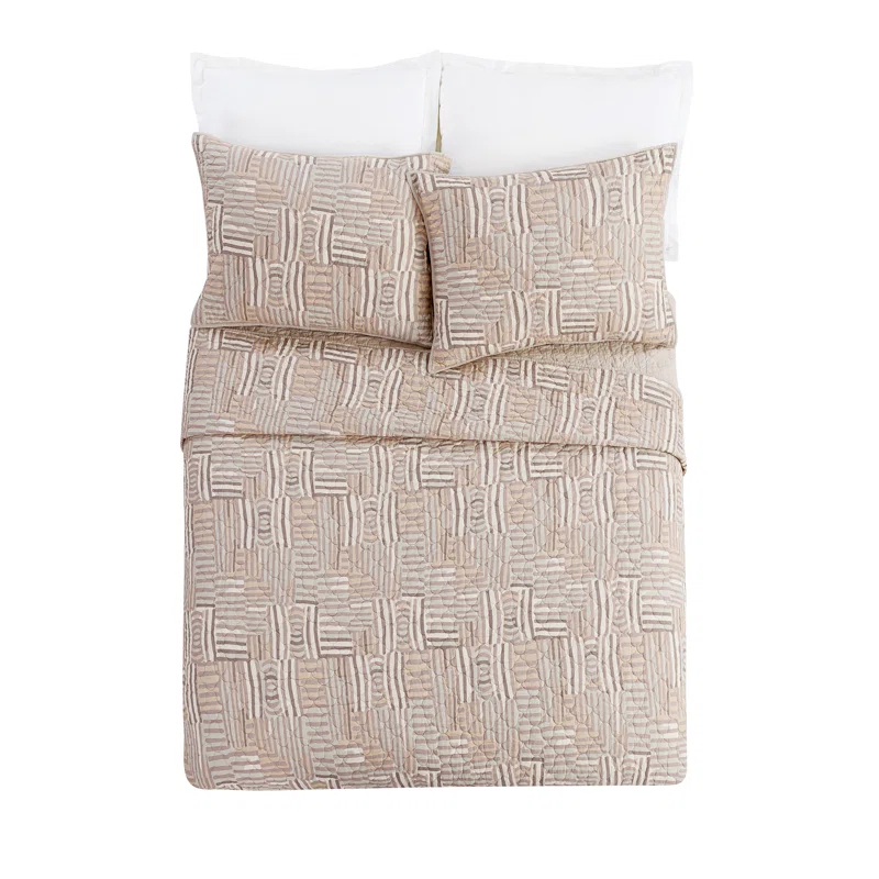 Jungalow Abrazo 100% Cotton Reversible Quilt Set – Beige Geometric Print, Modern Global Bedding
