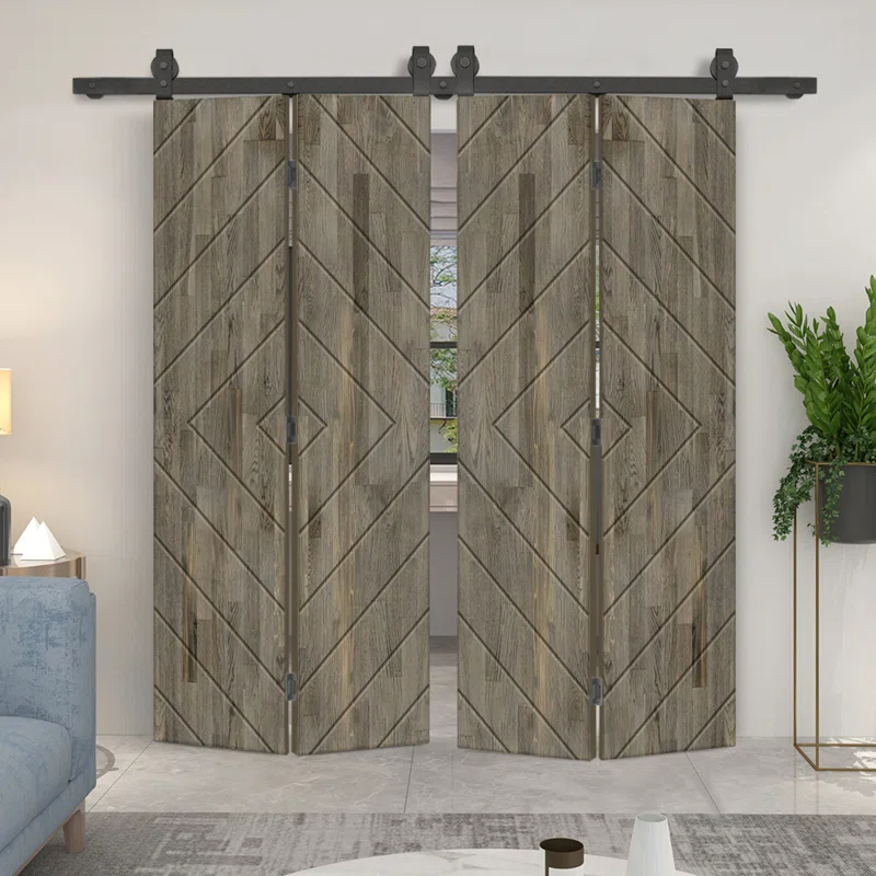 Calhome Stained Pine Wood Bi-Fold Double Barn Door with Sliding Hardware Kit