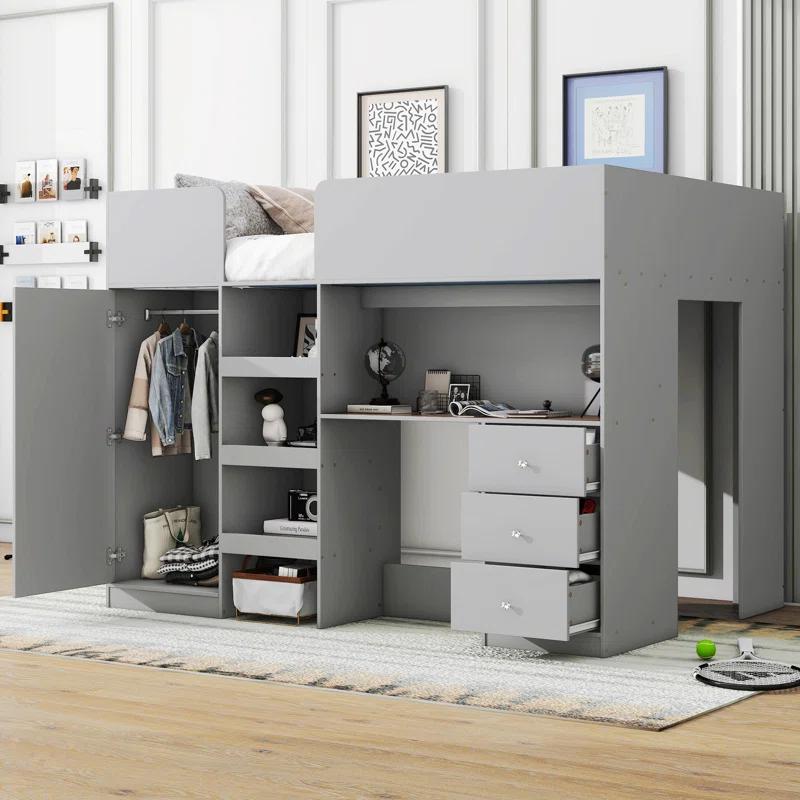 NTYUNRR Wood Full Size Loft Bed With Built-In Wardrobe