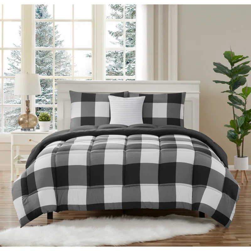 Sweet Home Collection 4 Piece Buffalo Plaid Printed Comforter, Shams & Throw Pillow Set