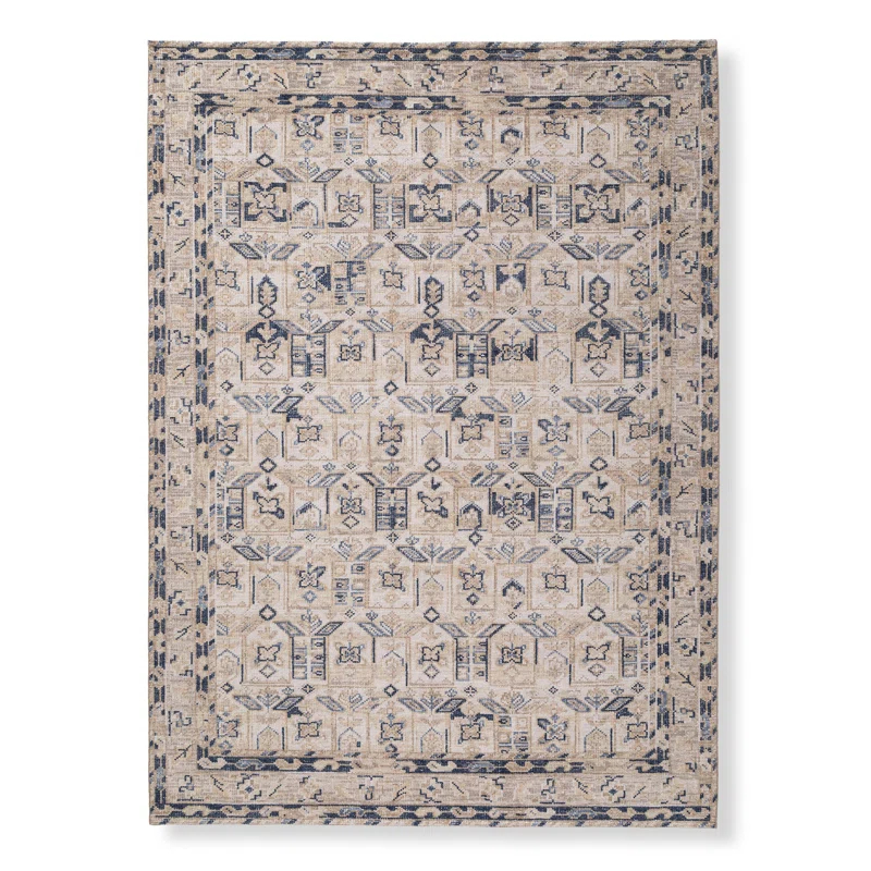 LOOMY Hand-Knotted Wool Area Rug in Navy/Beige