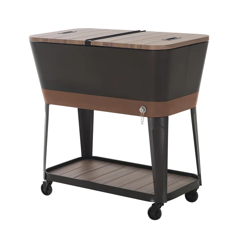 Sunjoy Durant 80-Quart Wood Grain Finish Metal Rolling Ice Chest Cooler Cart with Storage Shelf, Steel Bottle Opener, and Lockable Wheels