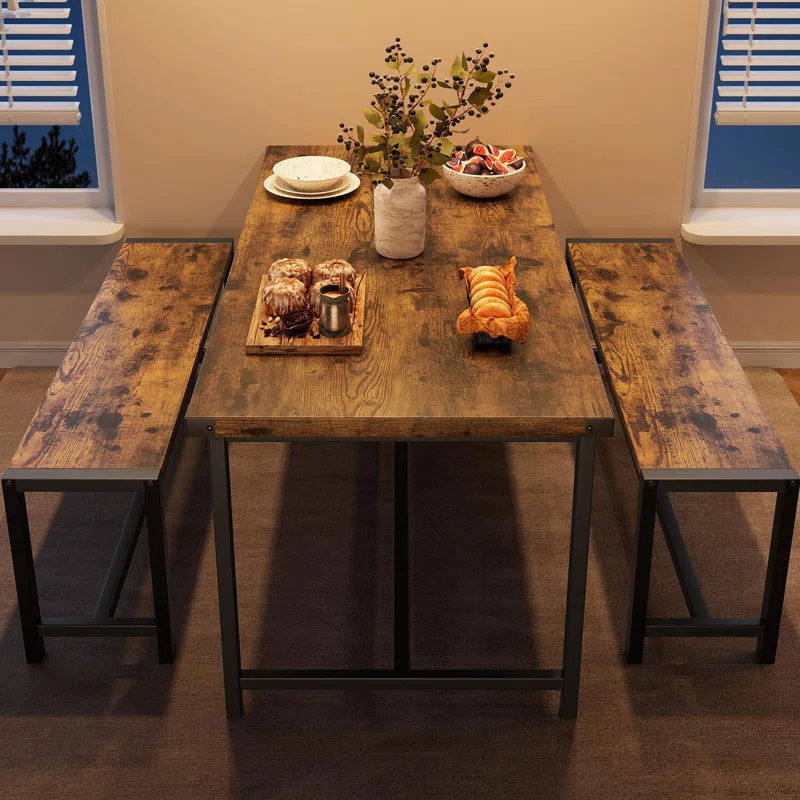 Dining Table Set For 4, Kitchen Table With 2 Metal Wood Benches