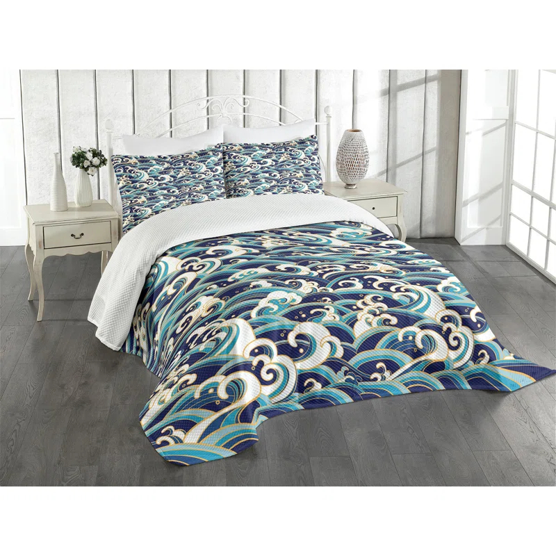 Ambesonne Ambesonne Nautical Bedspread Set Ocean Waves Pattern Blue and White