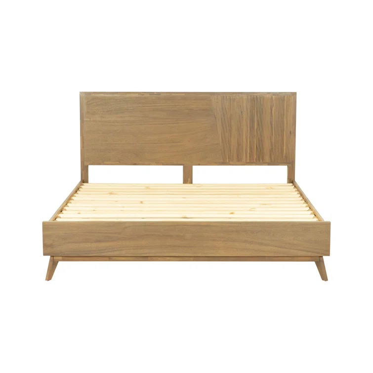Benjara Cid Allie Platform Bed, Panel Headboard, Walnut Brown Acacia Wood