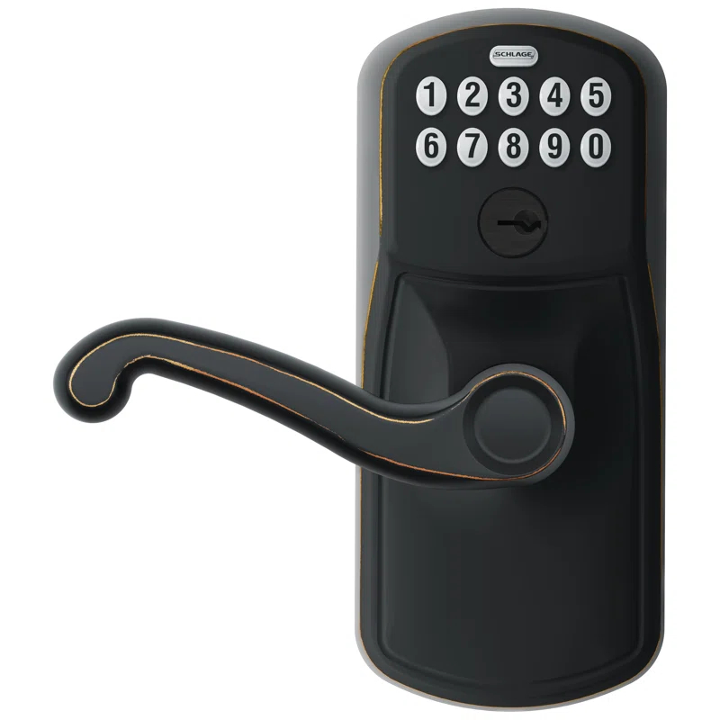 SCHLAGE FE595 PLY 716 FLA Plymouth Keypad Entry with Flex-Lock and Flair Style Levers, Aged Bronze