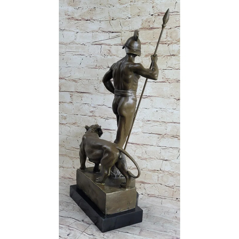 Canora Grey Roman Gladiator Warrior  Lion Bronze Statue Sculpture Signed Original 20 Inches X 13 Inches