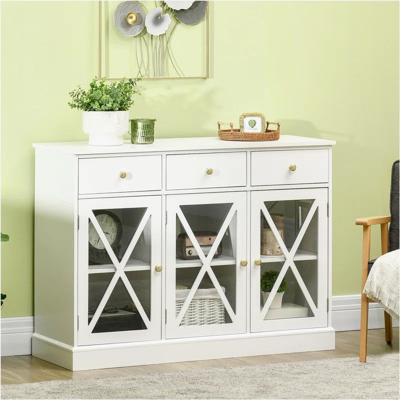 Gracie Oaks 45" Farmhouse Sideboard Buffet Cabinet, Credenza,Coffee Bar Cabinet with Glass Doors and 3 Drawers, White