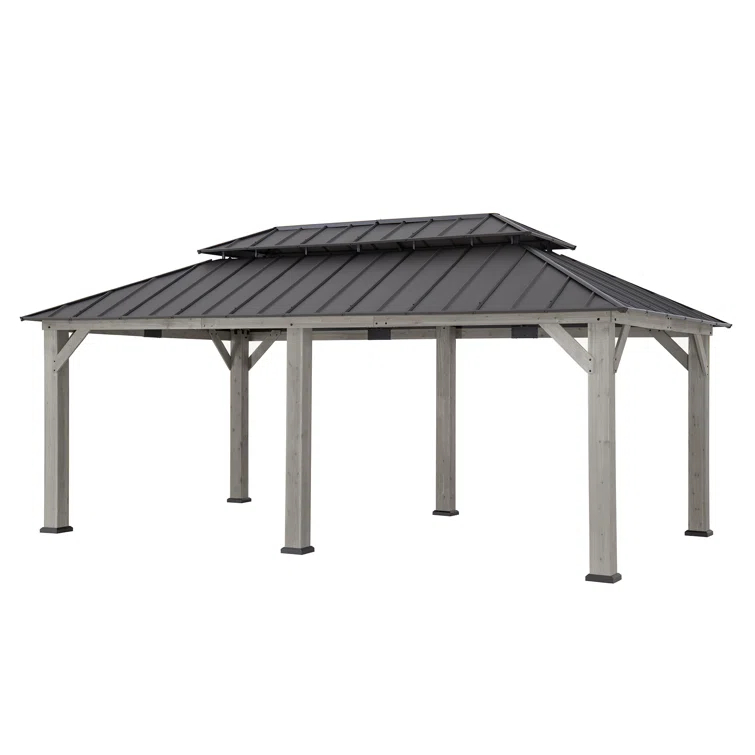 Sunjoy Sunjoy 12x20 ft. Wood Gazebo, Outdoor Patio Steel Hardtop Gazebo with 2-tier Metal Roof, Suitable for Patios, Lawn and Backyard, Matte Black Roof