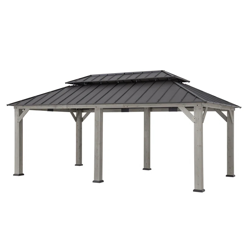Sunjoy Sunjoy 12x20 ft. Wood Gazebo, Outdoor Patio Steel Hardtop Gazebo with 2-tier Metal Roof, Suitable for Patios, Lawn and Backyard, Matte Black Roof