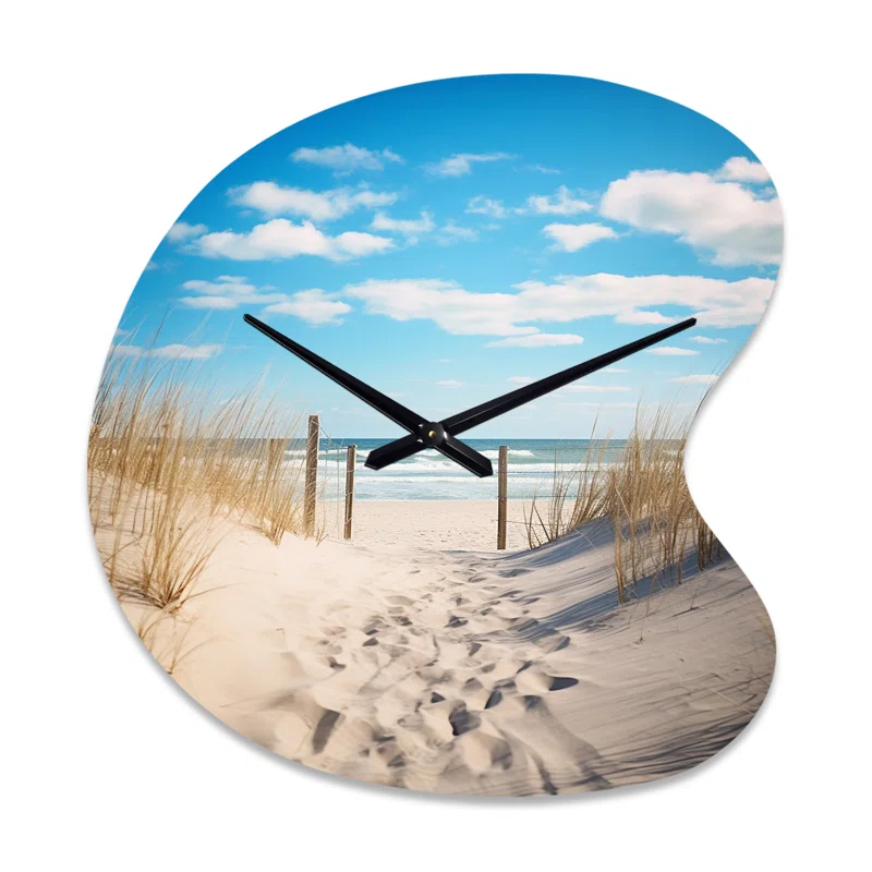 Design Art Bath To The Ocean I - Beach Sand Asymmetrical Metal Wall Clocks, Beige Unique Shape Wall Clock Print