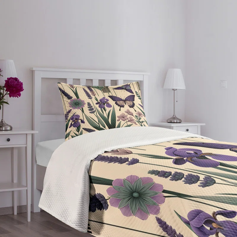 Ambesonne Ambesonne Lavender Bedspread Set Witchy Feels Modern Leaves Peach Dark Purple Green