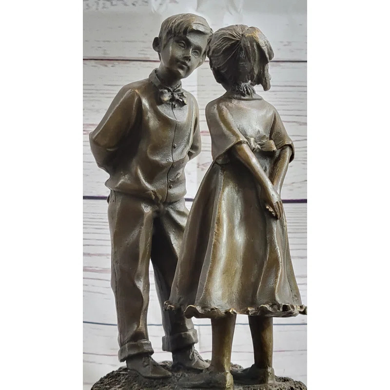 Canora Grey Tarrie First Kiss Love Romance Children Bronze Sculpture Figure On Heart Shaped Marble Base