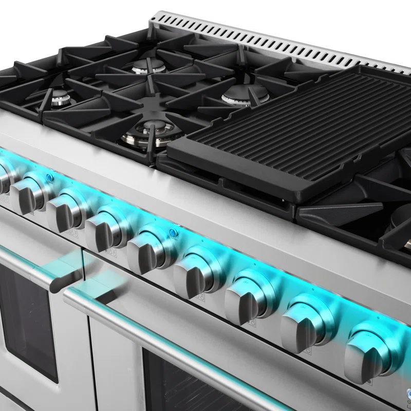 Cosmo COS-DFRP488K Cosmo 48 In. Lumin Collection 5.5 Cu. Ft. Double Oven Dual Fuel Range With 8 Burners, Cast Iron Grates In Stainless Steel