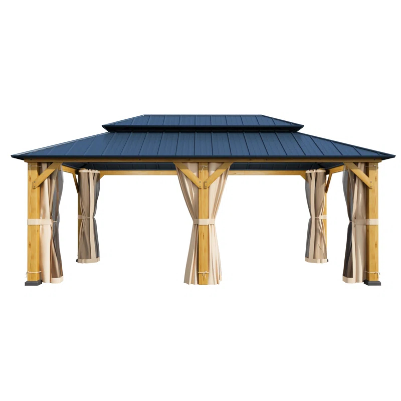 EROMMY 12' X 20' Outdoor Spruce Hardtop Gazebo For Patios, Spruce Framed Gazebo With Double Roof, Solid Wooden Framed Gazebo With Privacy Curtains For Patio Lawn, Garden, Backyard