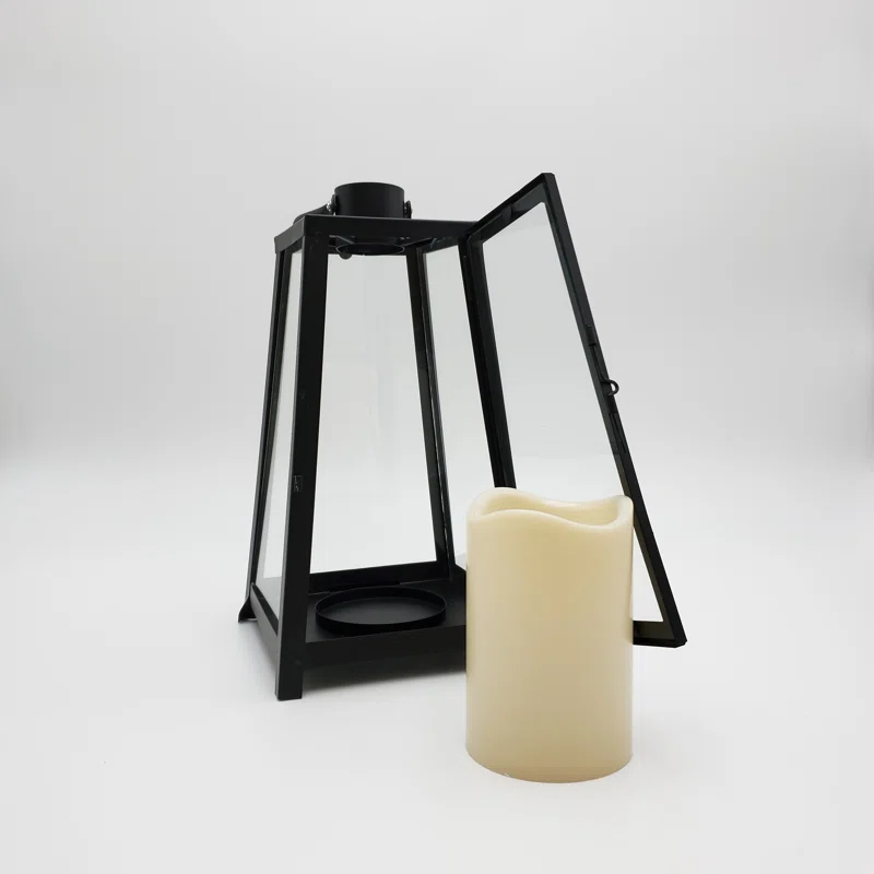 The Holiday Aisle® Black Tapered Metal Lantern with Battery Operated Candle