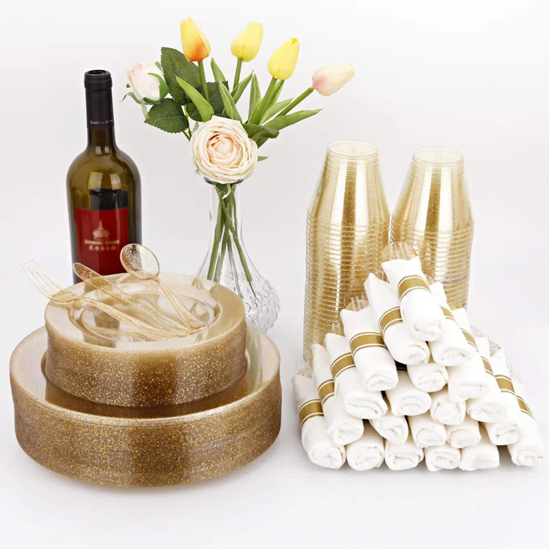 MODERN WALLS LLC 350 Pieces Gold Glitter Dinnerware Set 50 Guest For Party- 50 Dinner Plates, 50 Dessert Plates -50 Per Rolled Napkins With Gold Cutlery - 50 Disposable Cups 9 OZ