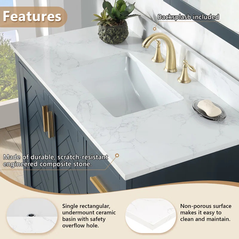Ceres 43" Engineered Stone Single Bathroom Vanity Top with Sink