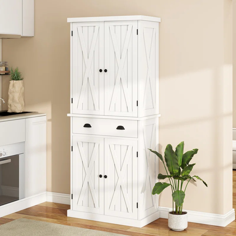 Gracie Oaks Sneyd 72" H Wood Farmhouse Kitchen Pantry Cabinet with Adjustable Shelves & Drawer