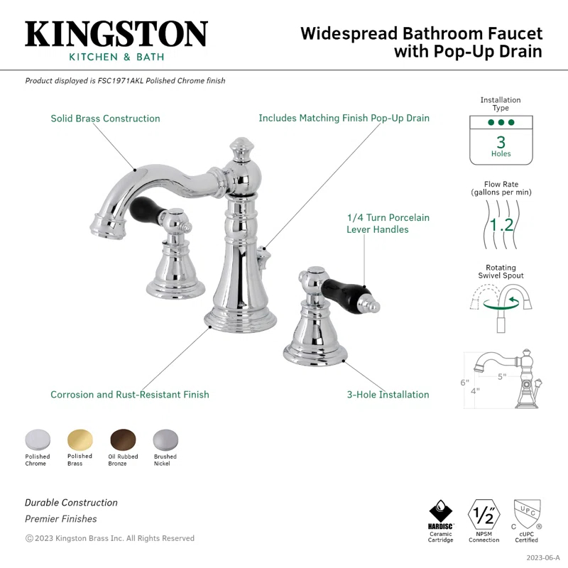 Kingston Brass Duchess Two-Handle 3-Hole Deck Mount Widespread Bathroom Faucet with Pop-Up Drain