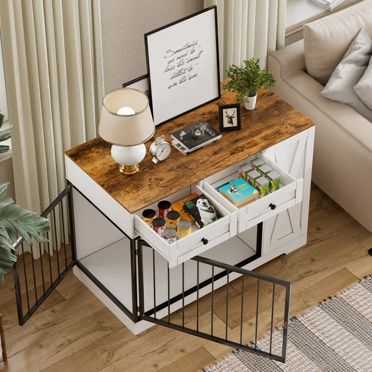 Tucker Murphy Pet™ Gladine Dog Crate Furniture Kennel with Double Doors, Wooden Pet House with 2 Drawers and Pet Feeder Station Storage Cabinet