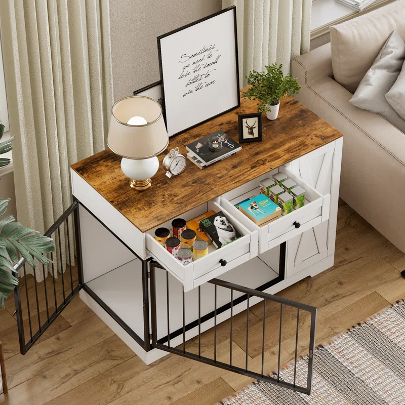 Tucker Murphy Pet™ Gladine Dog Crate Furniture Kennel with Double Doors, Wooden Pet House with 2 Drawers and Pet Feeder Station Storage Cabinet