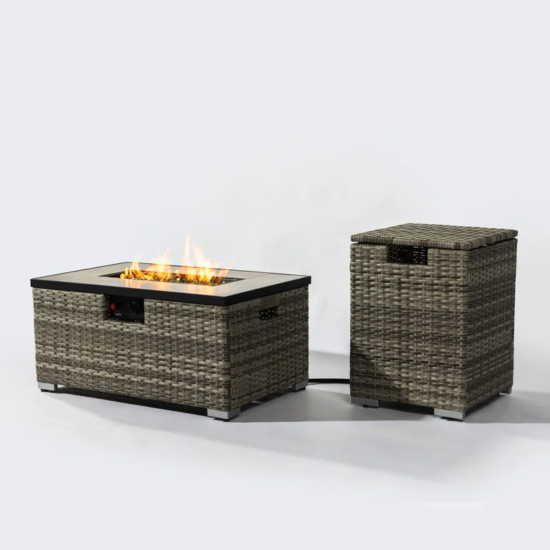 Beslend Rattan Fire Pit Table with Tank Holder and Ceramic Tile Tabletop