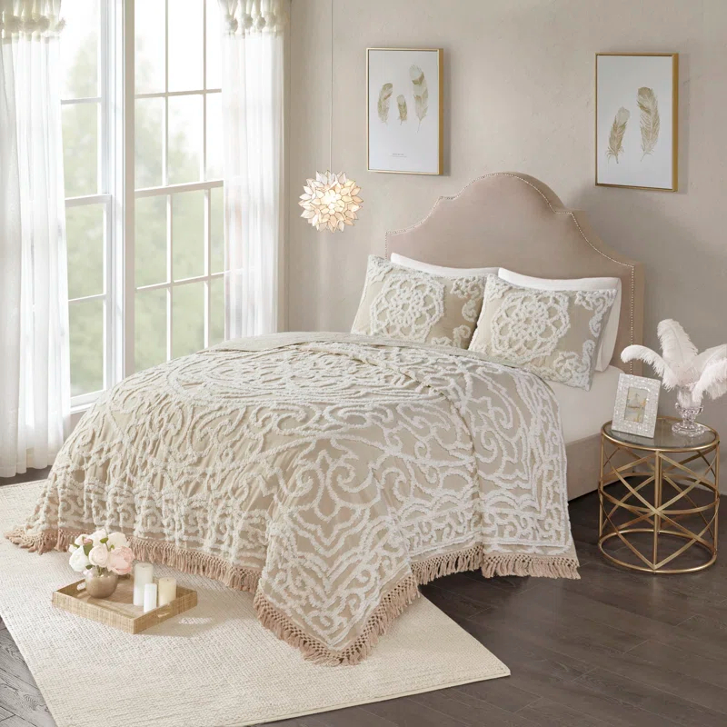 Madison Park Laetitia Tufted Chenille Cotton Medallion Fringe Coverlet Set