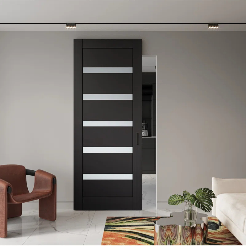 Belldinni Leora Paneled Manufactured Wood And Frosted Glass Solid Core Interior Sliding Hidden Barn Door With Base Board With Installation Hardware Kit