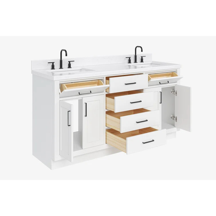 Wildon Home® Tidworth 66'' Solid Wood Double Bathroom Vanity with 1.5'' Carrara Quartz Top, Rectangular Sinks