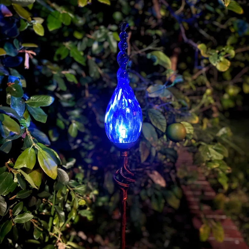 Exhart Exhart Solar Pearlized Hand Blown Glass Twisted Flame Garden Stake with Metal Finial Detail, 36 Inch