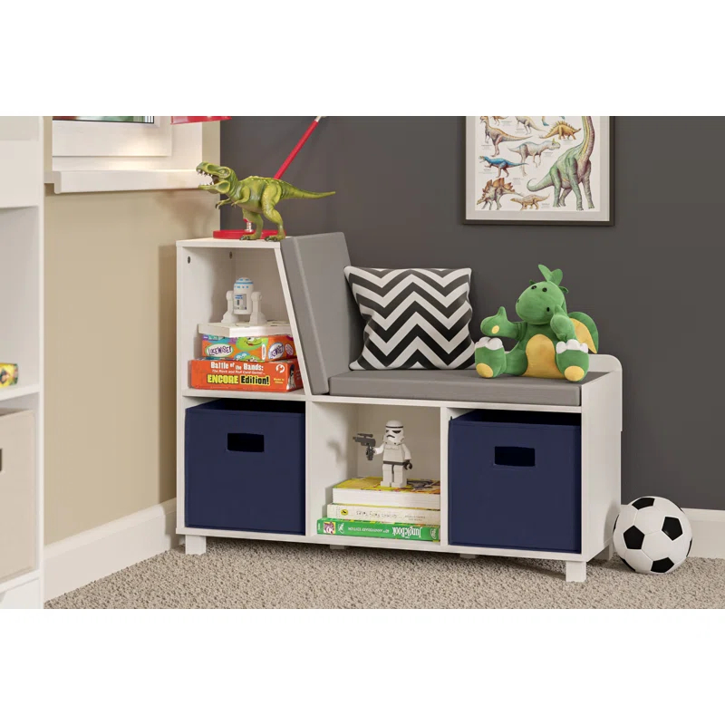 RiverRidge Home RiverRidge Kids Reading Book Nook Cushioned Toy Storage Bench with Cubby Organizers and 2 Fabric Bins- White