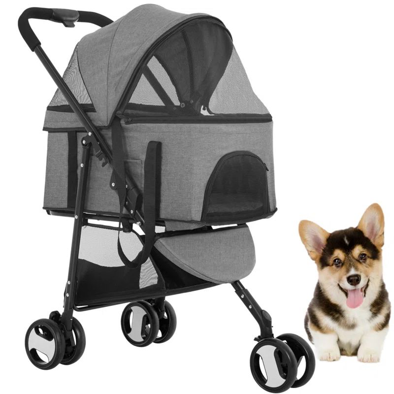 Foldable Pet Stroller with Detachable Carrier