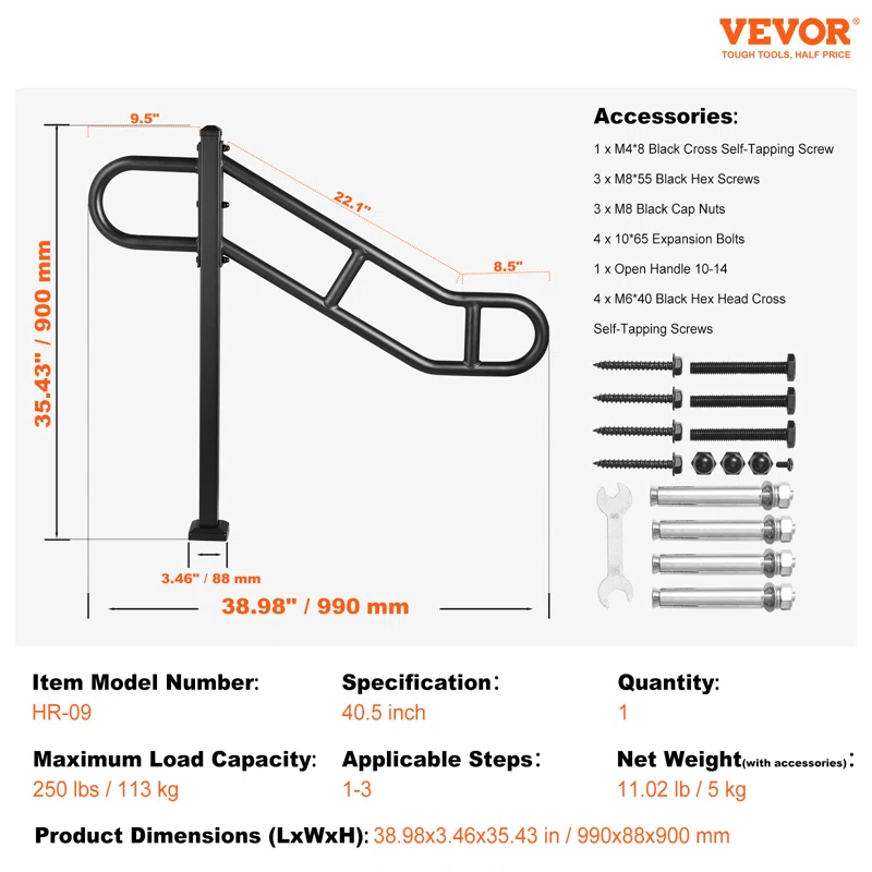 VEVOR VEVOR Single Post Handrail for Outdoor 1-3 Step 40.5" Stair Handrail Floor Mount