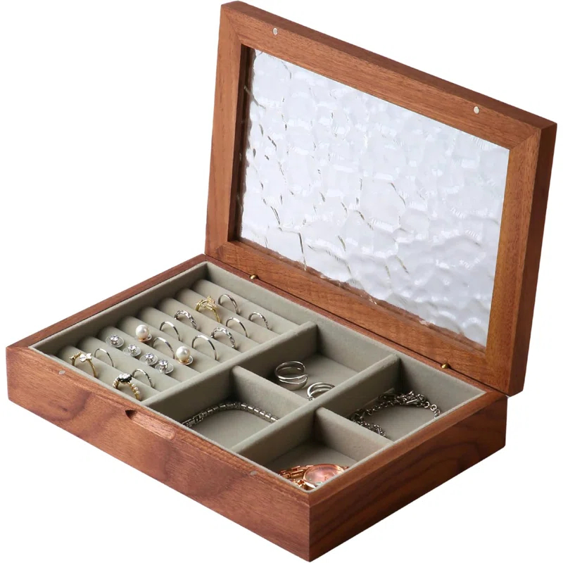 Wooden Jewelry Box, Medium Size Natural Solid Walnut Wood Girls Vintage Trinket Organizer With Large Storage,Walnut