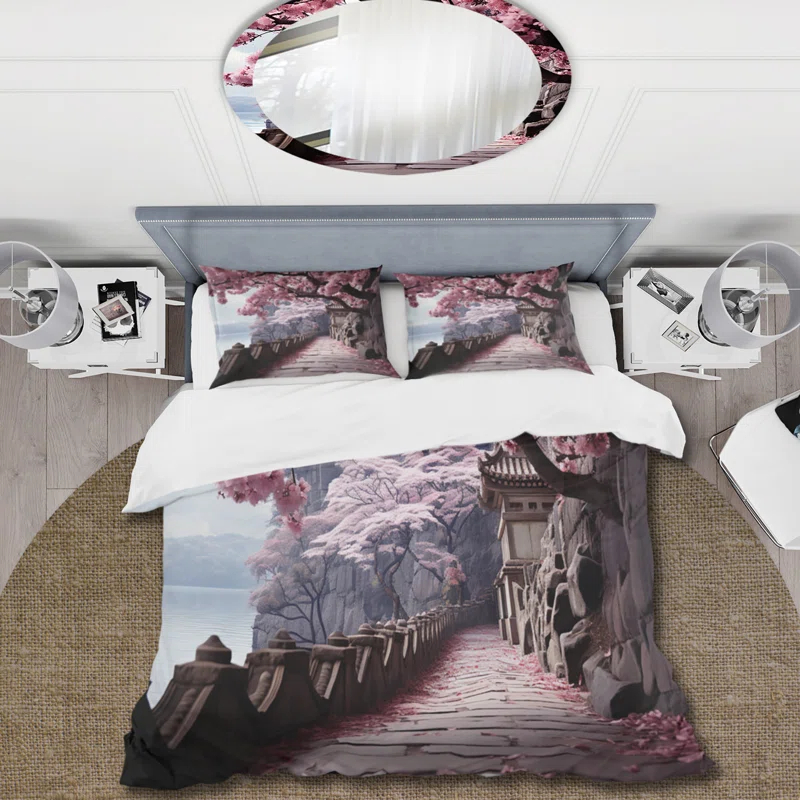 Design Art Japan Art Cherry Blossom Pink Path - Japan Art Duvet Cover Set - Microfiber Polyester