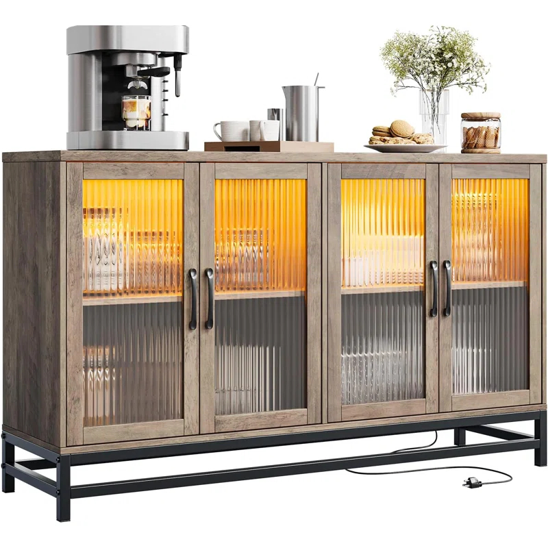 Wrought Studio™ Sideboard Buffet Storage Cabinet, Wood Accent Kitchen Coffee Bar Cabinet With 4 Doors And Adjustable Shelves For Kitchen, Dining Room, Hallway, Living Room