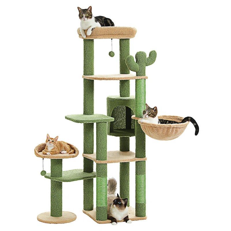 59" Cactus Cat Tree, Large Cat Tree For Indoor Cats, Cat Tower For Large Cats, Multi-Level Cat Tower, Cat Condo With Large Hammock, Scratching Post, And 2 Perches