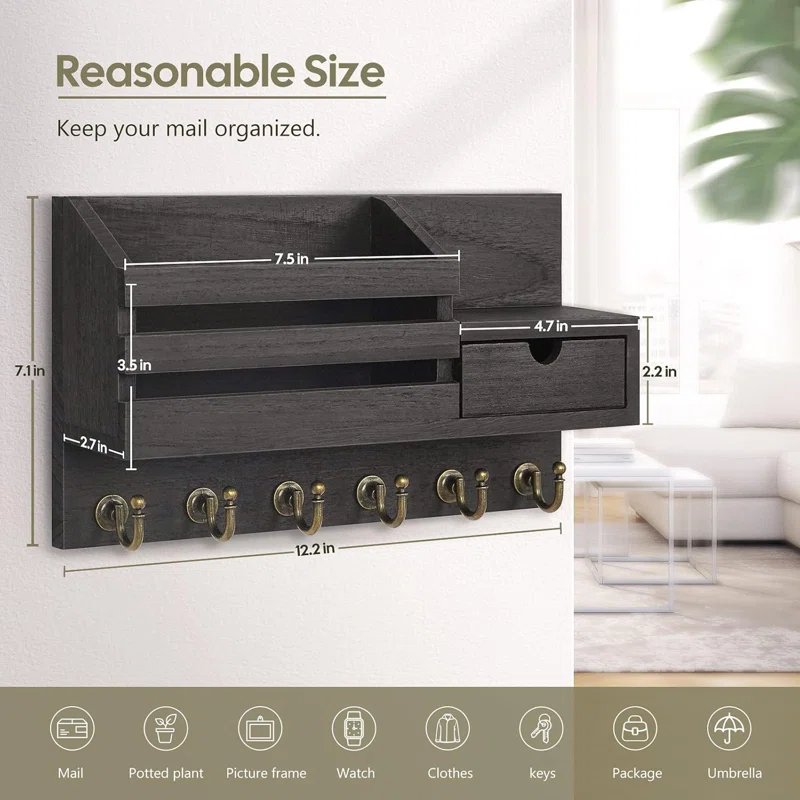 Winston Porter Wall Mount Key And Mail Organizer With 6 Hooks, Storage Drawer, Easy Installation For Entryway, Hallway, Home Decor