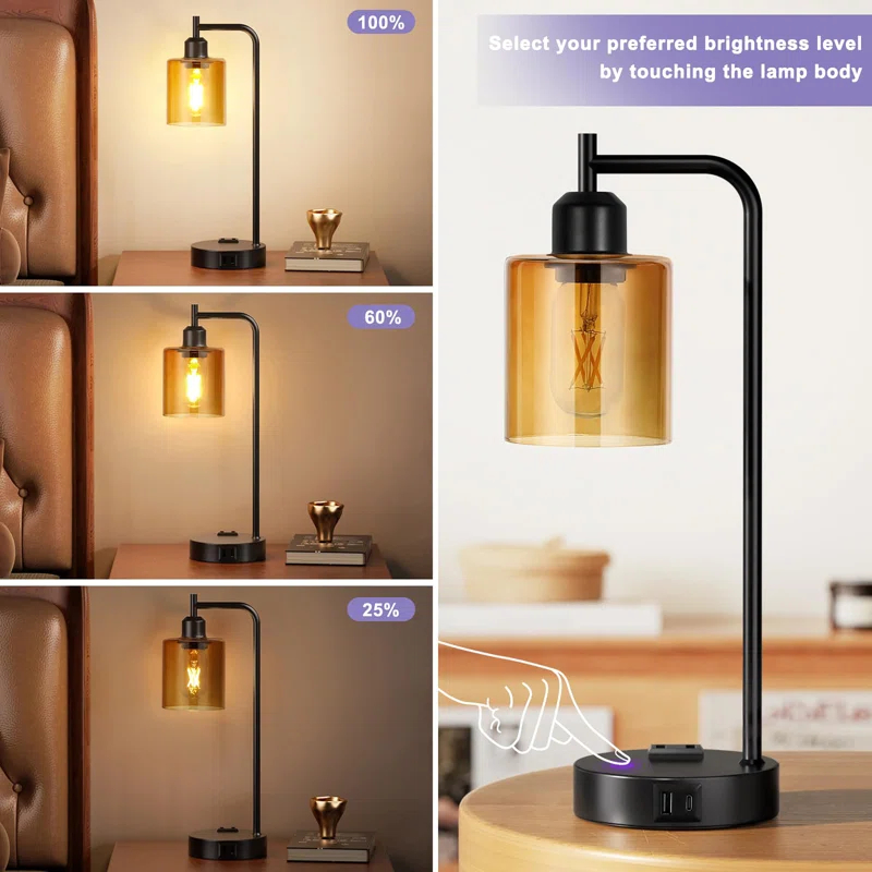 Latitude Run® Industrial Touch Table Lamps for Bedrooms Set of 2 - 3-Way Dimmable Nightstand Lamps with USB C+A Ports and Outlet, Bedside Lamps with Glass Shade for Living Room, Desk Lamps for Home Office