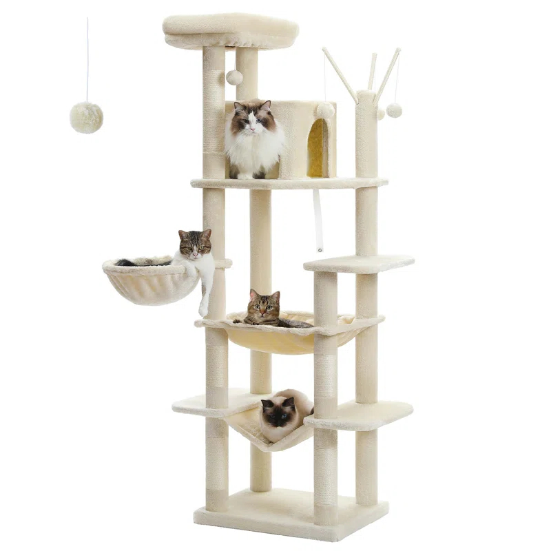 69" Tall Cat Tree Large Cat Tower With Super Big Hammock, Scratching Posts, Condo House And Large Top Perch