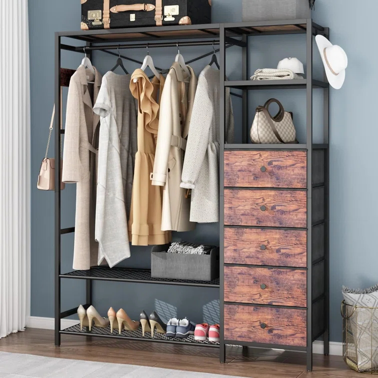 17 Stories Heavy Duty Clothes Rack For Hanging Clothes With 5 Shelves & 5 Drawers, Metal Freestanding Clothing Rack With Five Hooks, Garment Rack Closet Wardrobe Rack, 70.87H X 59.06W,Max 900Lbs,Rustic