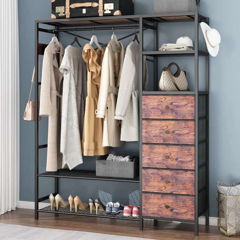 17 Stories Heavy Duty Clothes Rack For Hanging Clothes With 5 Shelves & 5 Drawers, Metal Freestanding Clothing Rack With Five Hooks, Garment Rack Closet Wardrobe Rack, 70.87H X 59.06W,Max 900Lbs,Rustic