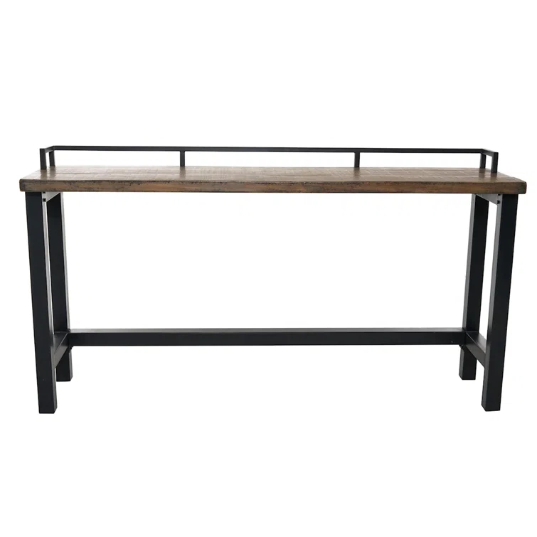 Benjara Fyan Counter Table W Rails, Black Iron Base, 71 Inch Rectangular Top