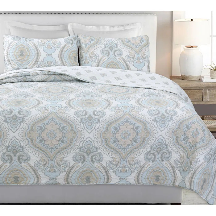 Cozy Line Home Fashion Modern Medallion Sky Blue Tan Gray Brocade Geometric Shapes Quilt Set