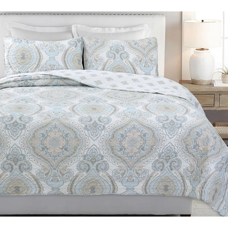 Cozy Line Home Fashion Modern Medallion Sky Blue Tan Gray Brocade Geometric Shapes Quilt Set